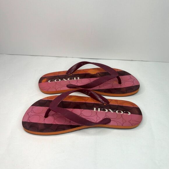 Coach Zack Multicolor Monogram Flip Flop Sandals Womens Comfy Pink Orange Stripe - Picture 8 of 10